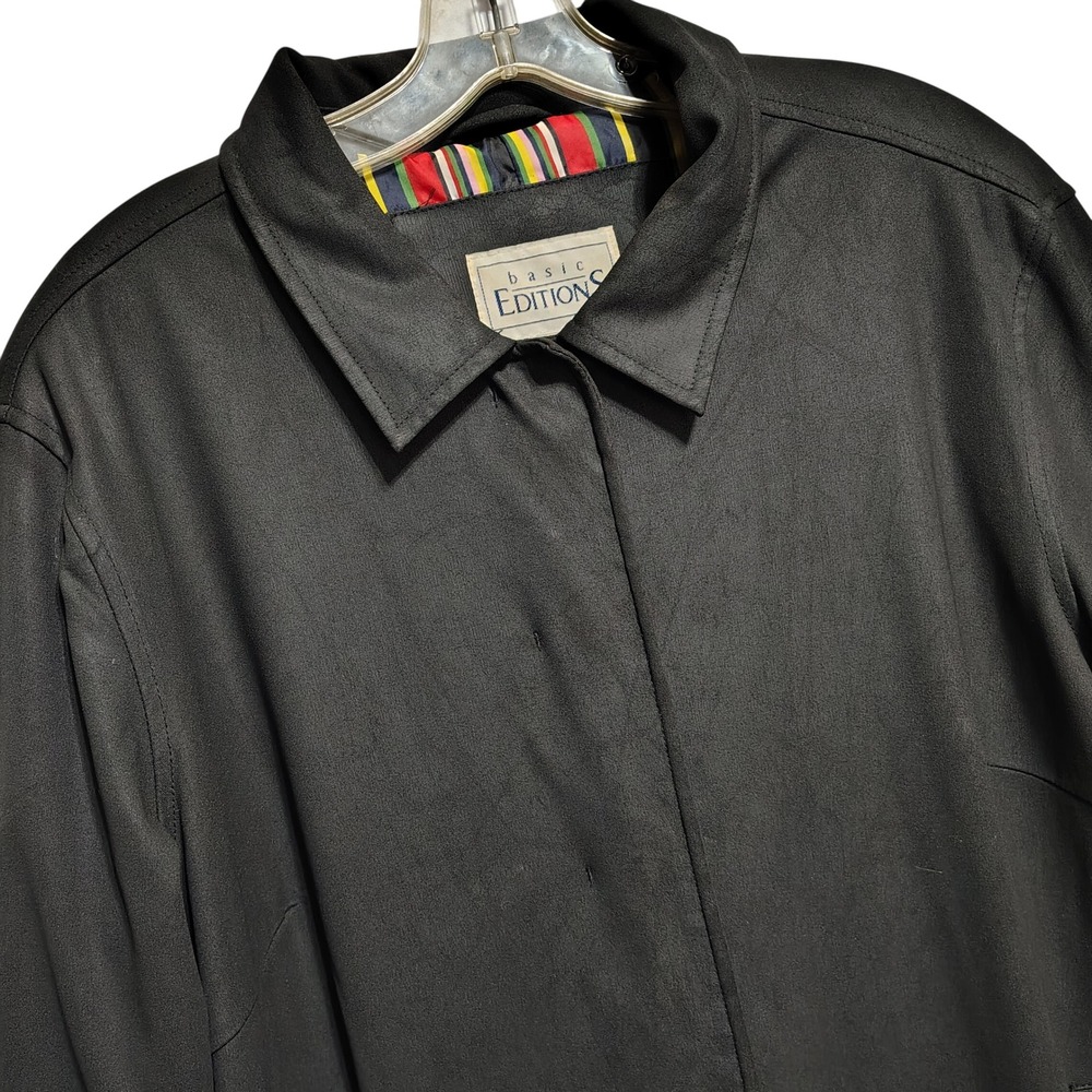 Basic Editions Women's Black Faux Leather‎ Trench Coat Size Large Winter Warm